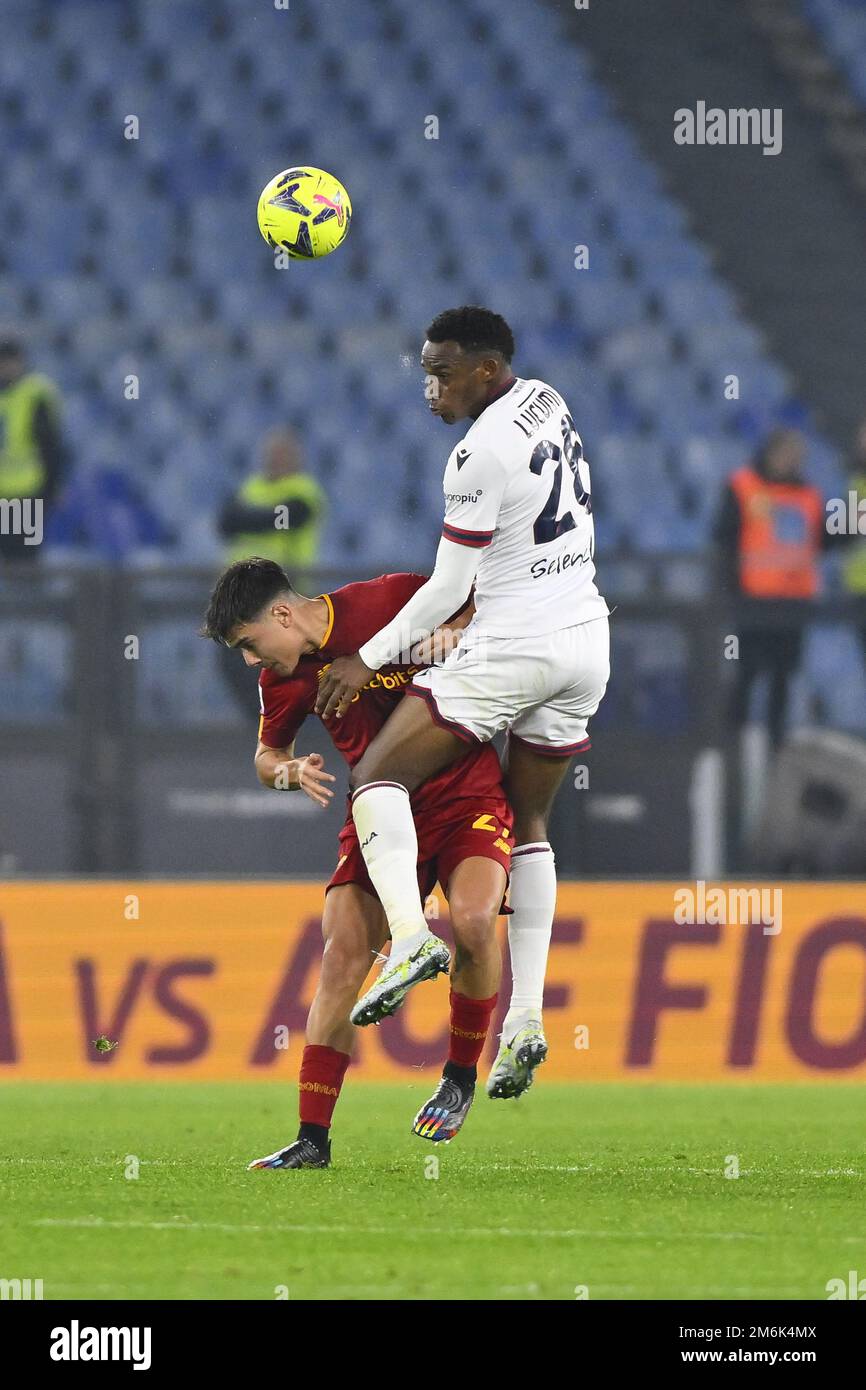 Jhon Lucumi of Bologna F.C. and Paulo Dybala of A.S. Roma during the