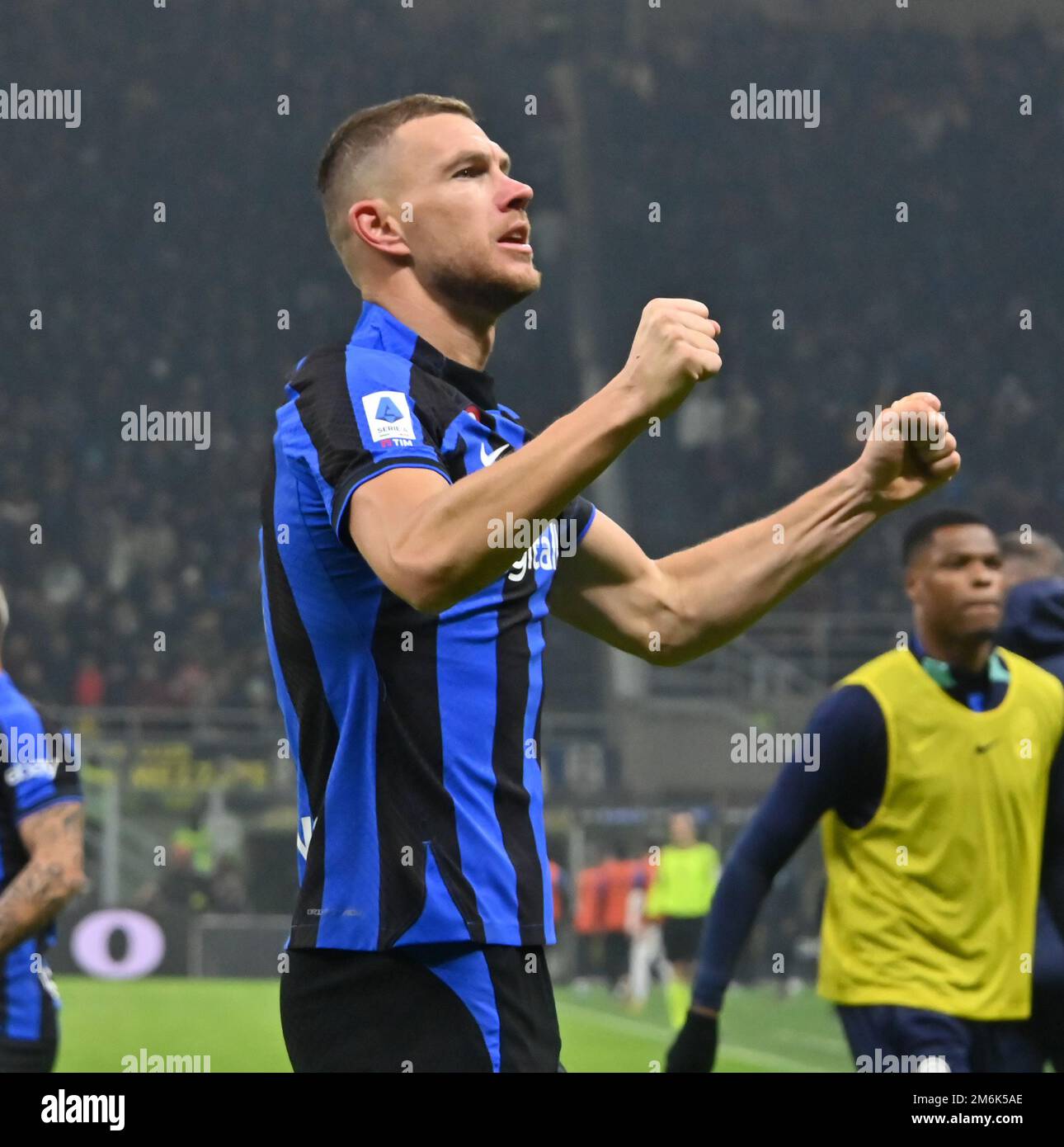 (230105) -- MILAN, Jan. 5, 2023 (Xinhua) -- FC Inter's Edin Dzeko celebrates his goal during a Serie A football match between FC Inter and Napoli in Milan, Italy, Jan. 4, 2023. (Str/ Xinhua) Stock Photo