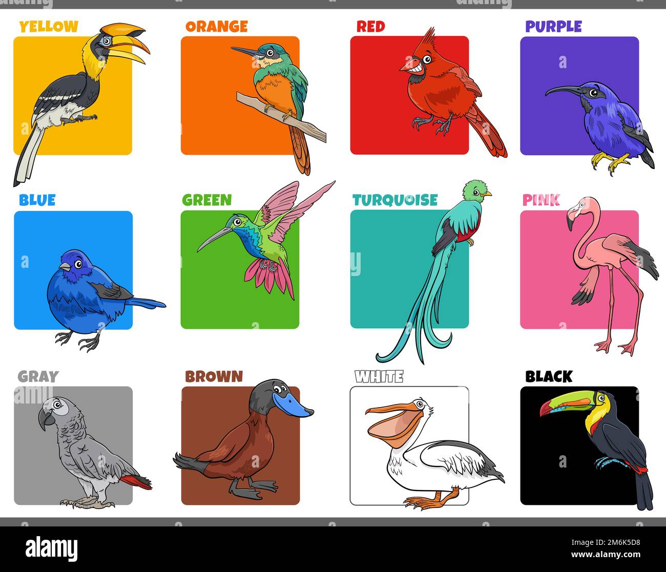 Basic colors set with cartoon birds animal characters Stock Photo