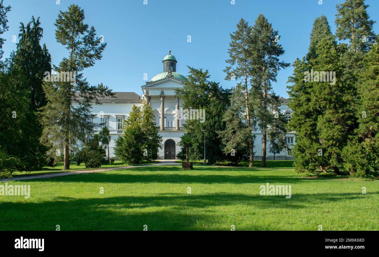 Classicist-style manor house and castle in Topolcianky park. Slovakia. Stock Photo