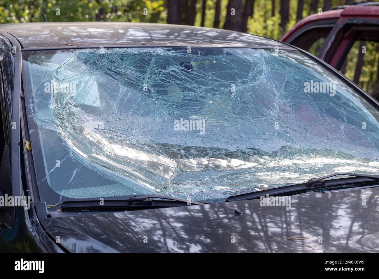 Close-up of a car with a broken windshield after an accident. Automobile danger. Reckless dangerous driving. A car after a fatal Stock Photo