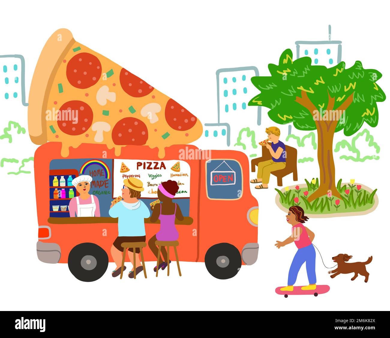 A street food truck with a vendor selling pizza to customers in city ...
