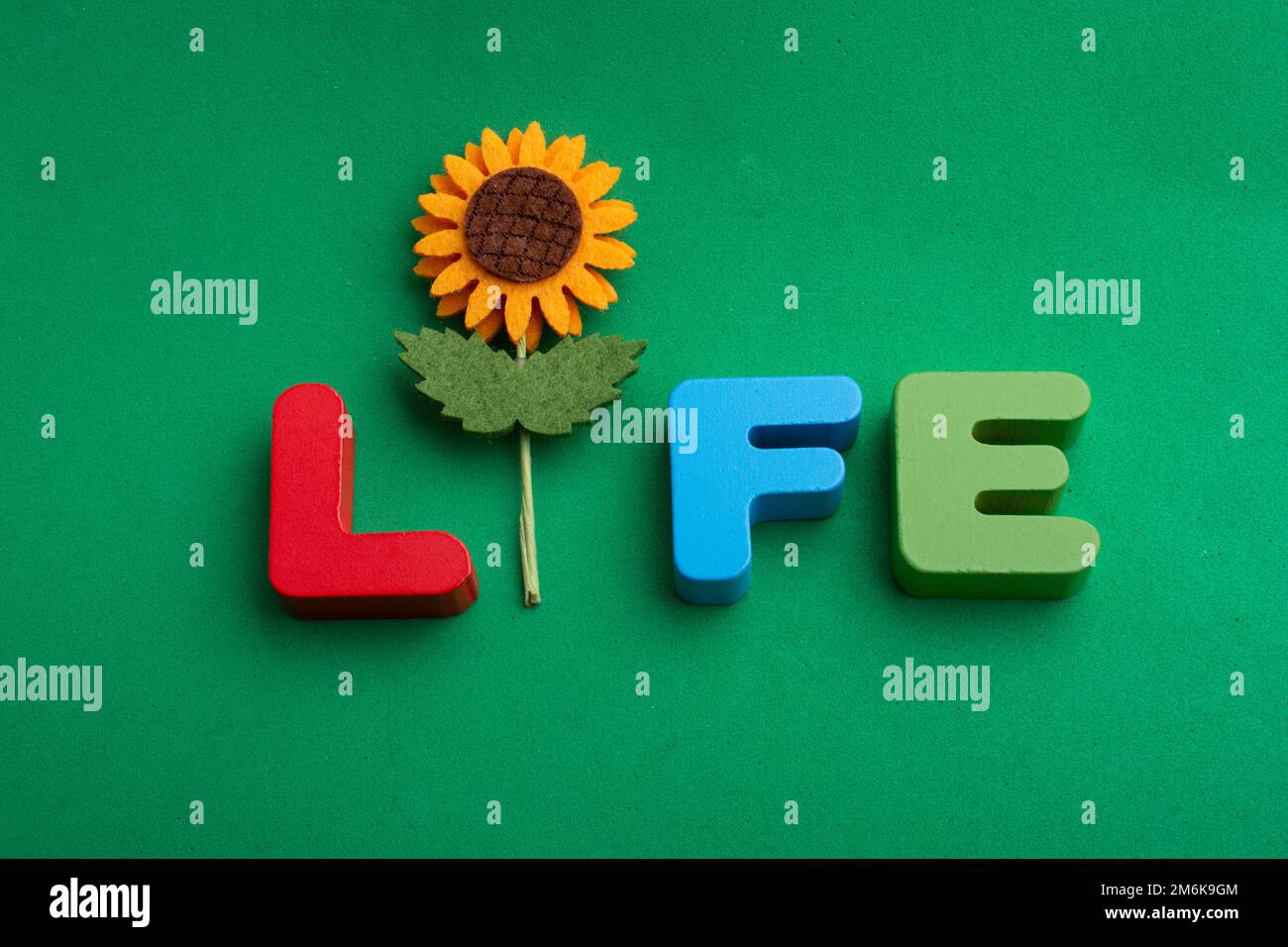 Life wording with the help of a fake flower Stock Photo