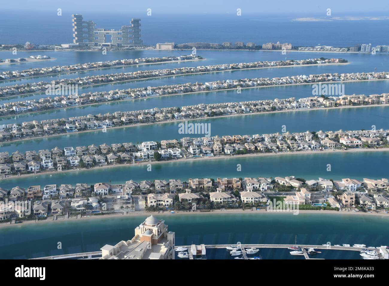 The view of Palm Jumeirah from the observation deck at Palm Tower (St Regis Hotel) in Dubai, UAE Stock Photo