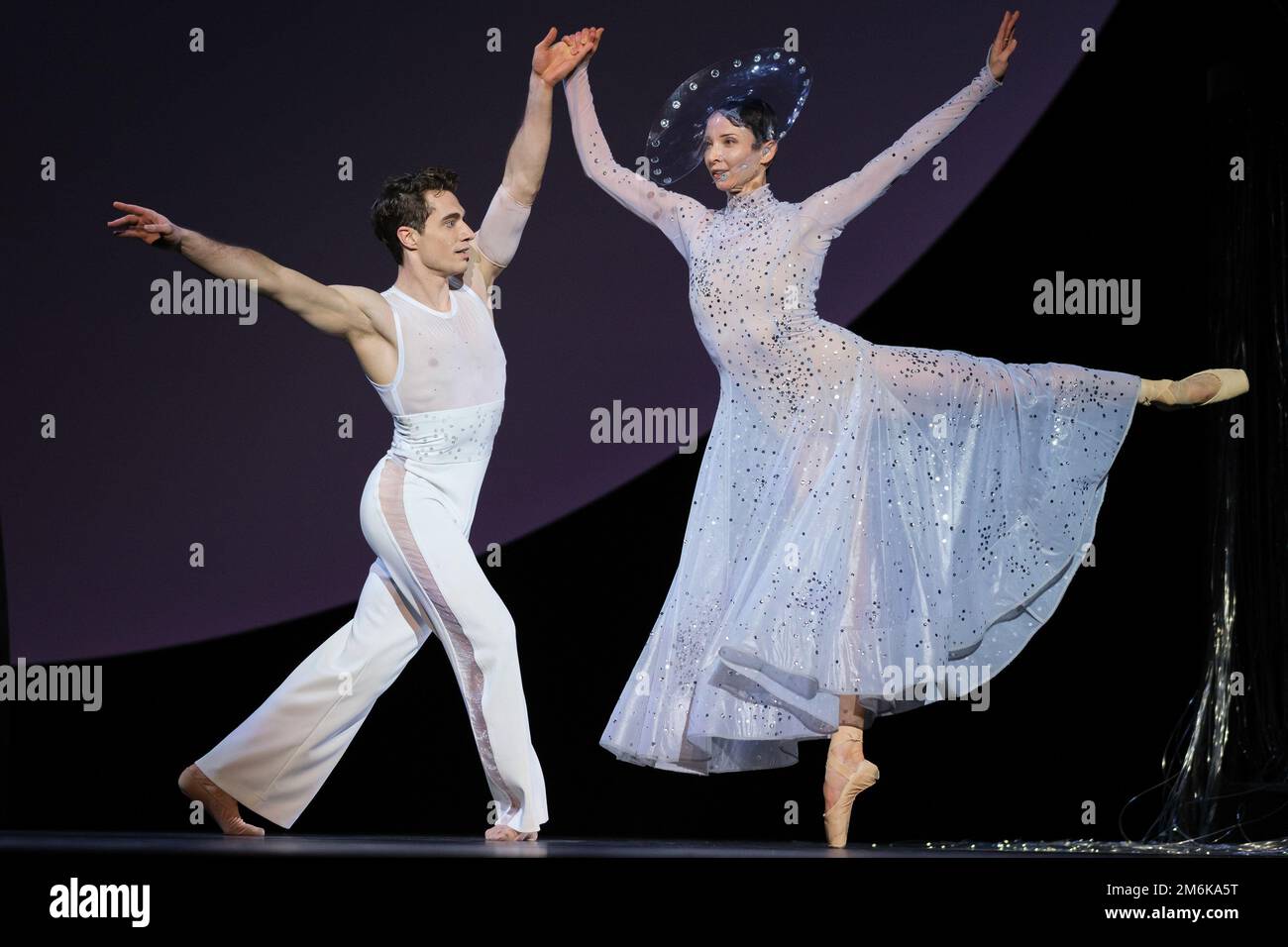 Anna Blackwell (R) and Simone Tribuna (L) of the Monte-Carlo ballet perform  in Coppel-i.A a creation by French choreographer Jean-Christophe Maillot in  Madrid. The show will take place from 5 to 8 January at the Canal theater  in Madrid. (Photo by Atilano ...