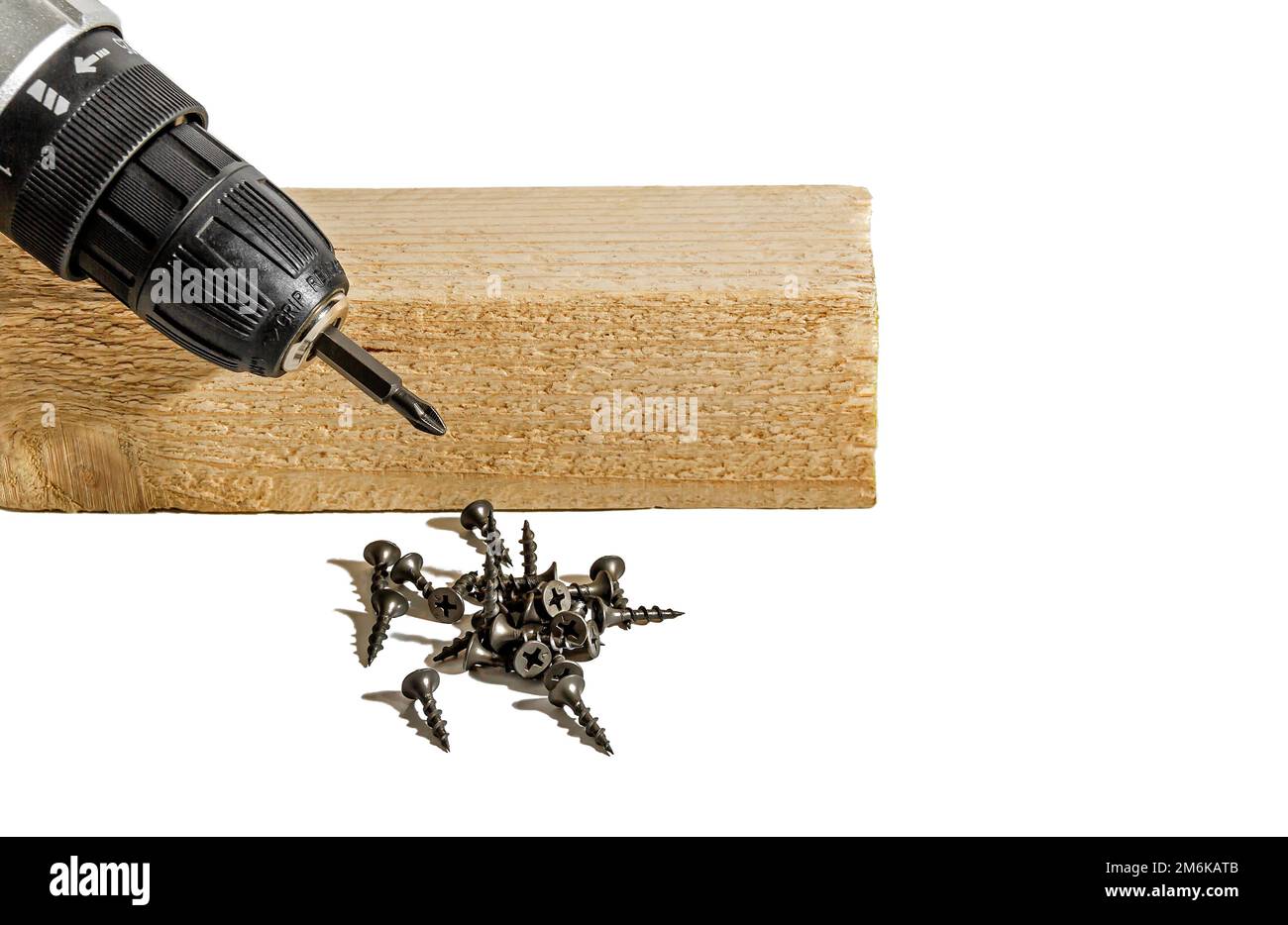 Drill with screws and wooden bar Stock Photo Alamy