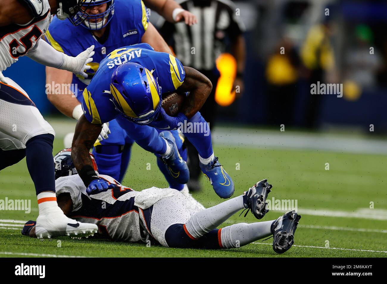 INGLEWOOD, CA - DECEMBER 25: Los Angeles Rams running back Cam Akers (3) dives for yards during the Denver Broncos vs Los Angeles Rams at Sofi Stadium Stock Photo
