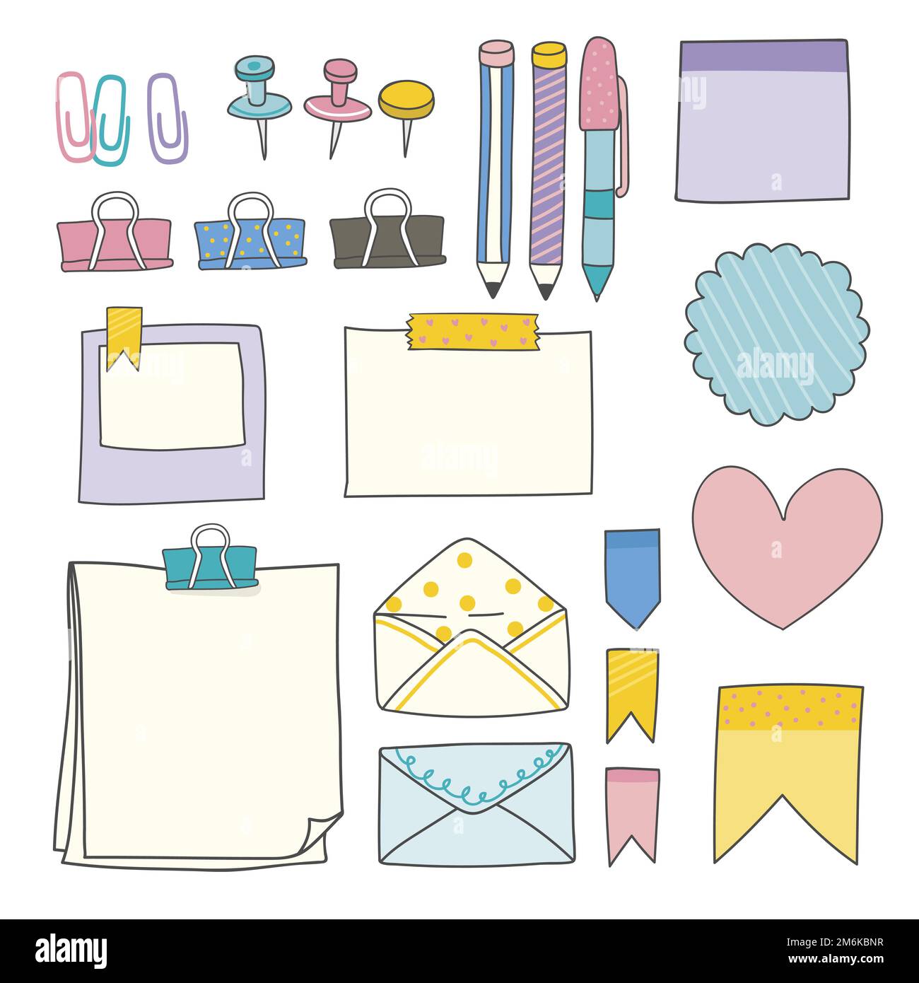 Note papers and office supplies doodle vector set Stock Vector