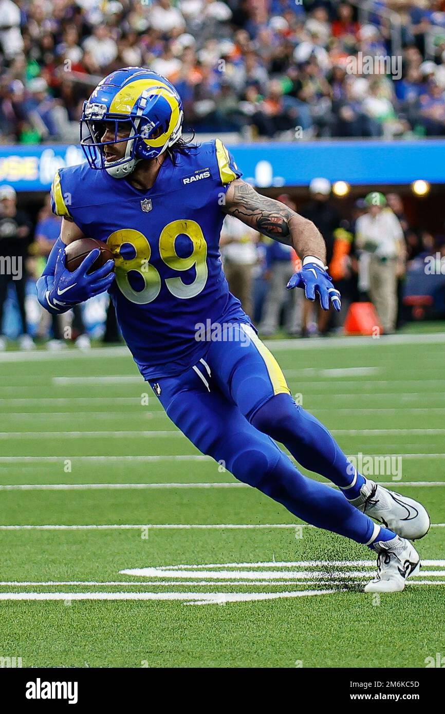 Los Angeles Rams tight end Brycen Hopkins (88) against the San Francisco  49ers in an NFL football game, Sunday, Oct. 30, 2022, in Inglewood, Calif.  The 49ers won 31-14. (AP Photo/Jeff Lewis