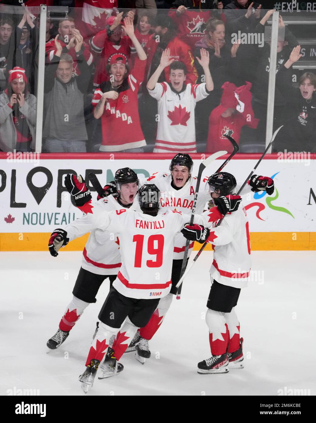 Canadas Brandt Clarke, left, celebrates his goal with teammates during third period IIHF World Junior Hockey Championship semifinal action against USA in Halifax on Wednesday, January 4, 2023