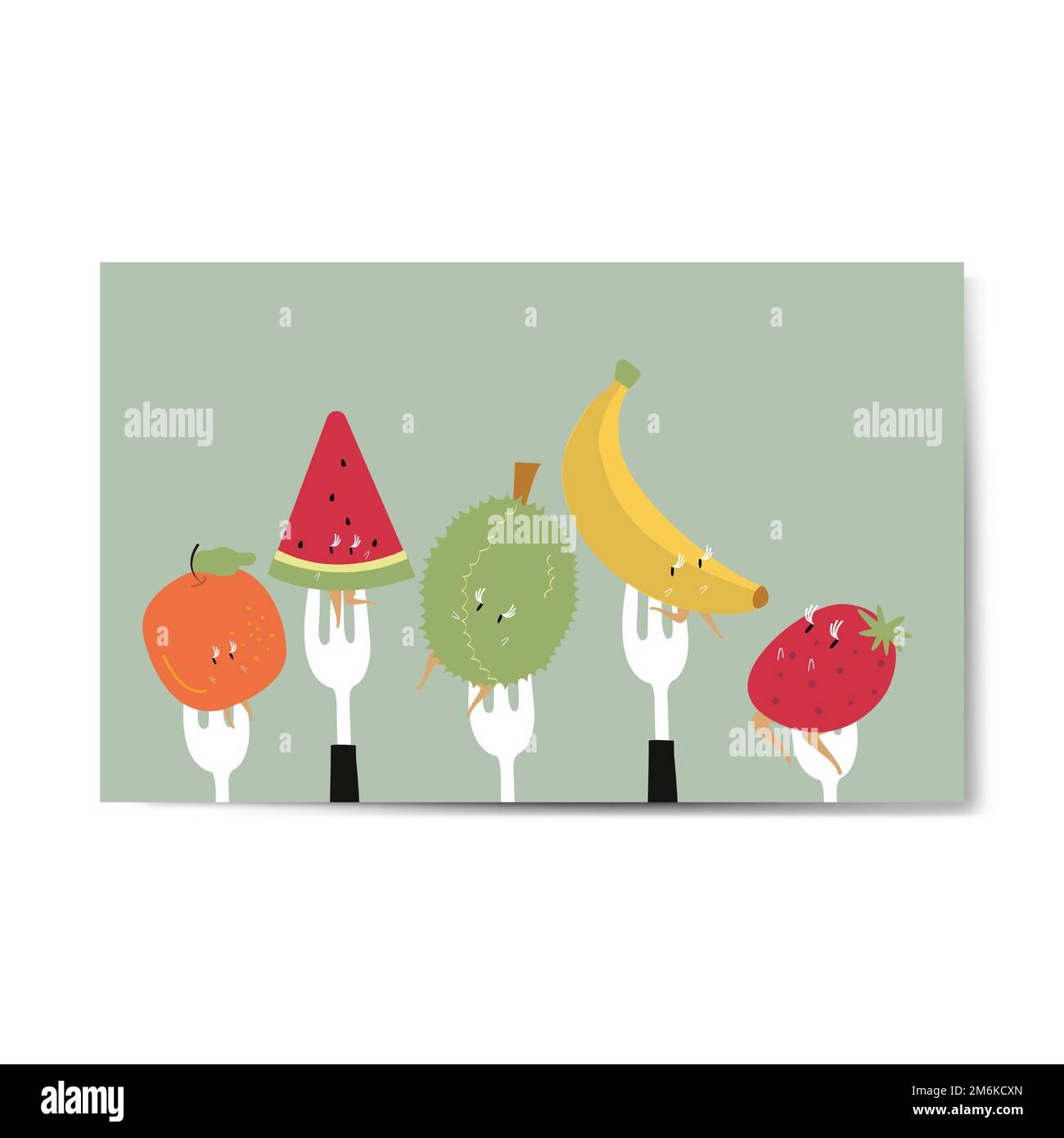Fresh tropical fruit cartoon characters on forks vector Stock Vector