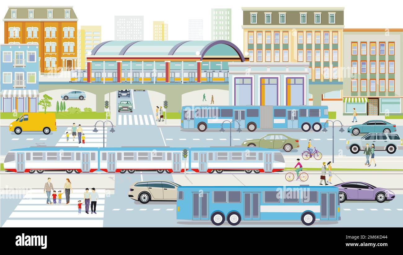 Road traffic with bus and elevated train illustration Stock Photo
