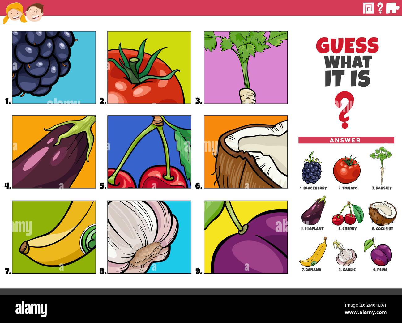 Cartoon illustration of educational game of guessing fruits and