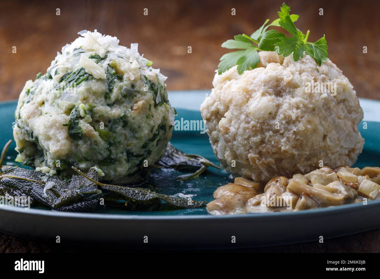 Mixed bavarian dumplings on wood Stock Photo