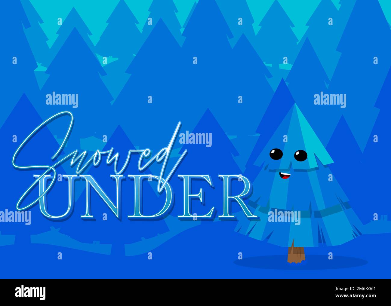 Pine Tree with Snowed Under text. Winter event vector cartoon illustration. Stock Vector
