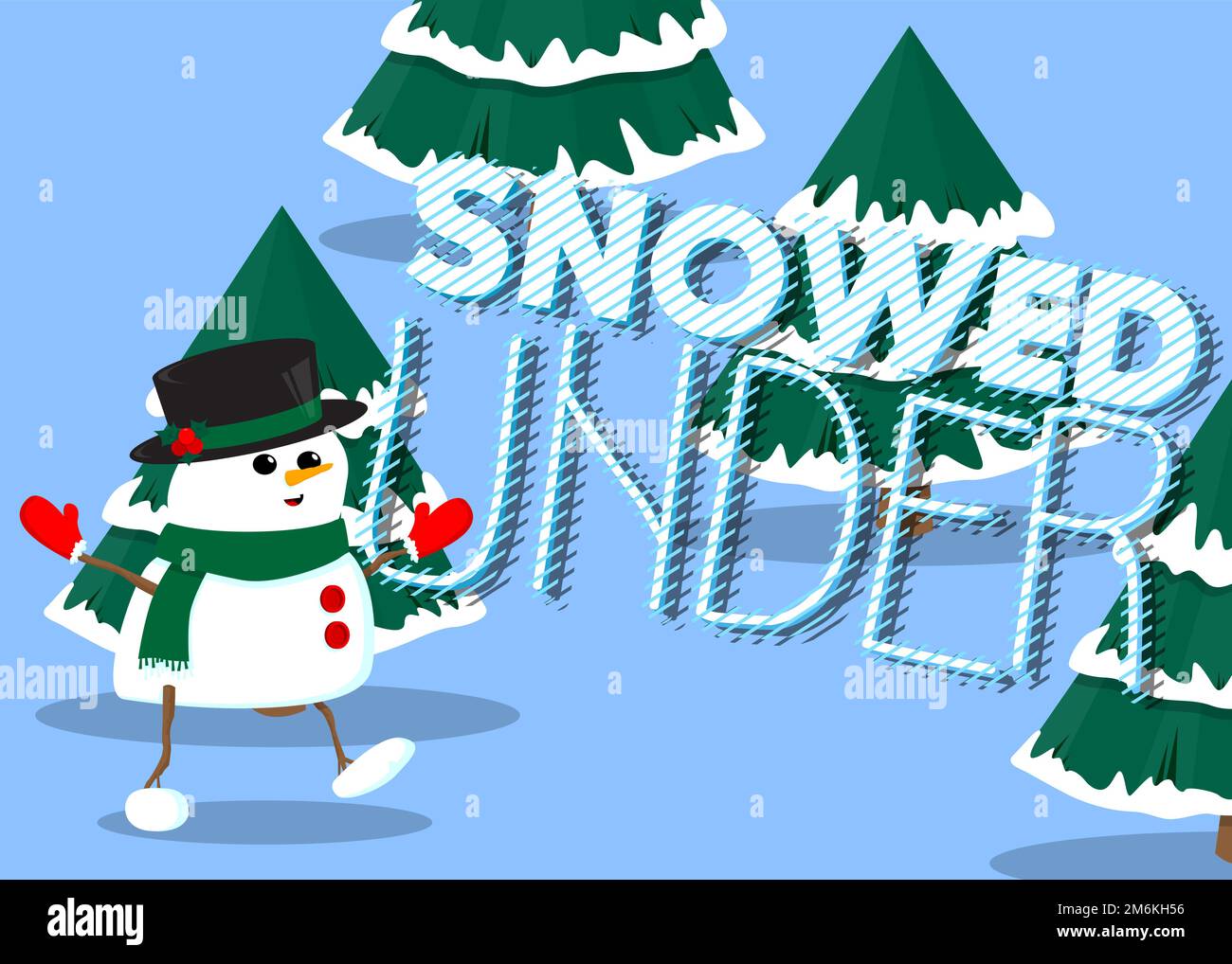 Snowman wearing hat and scarf with Snowed Under text. Card, Winter event poster, banner. Stock Vector