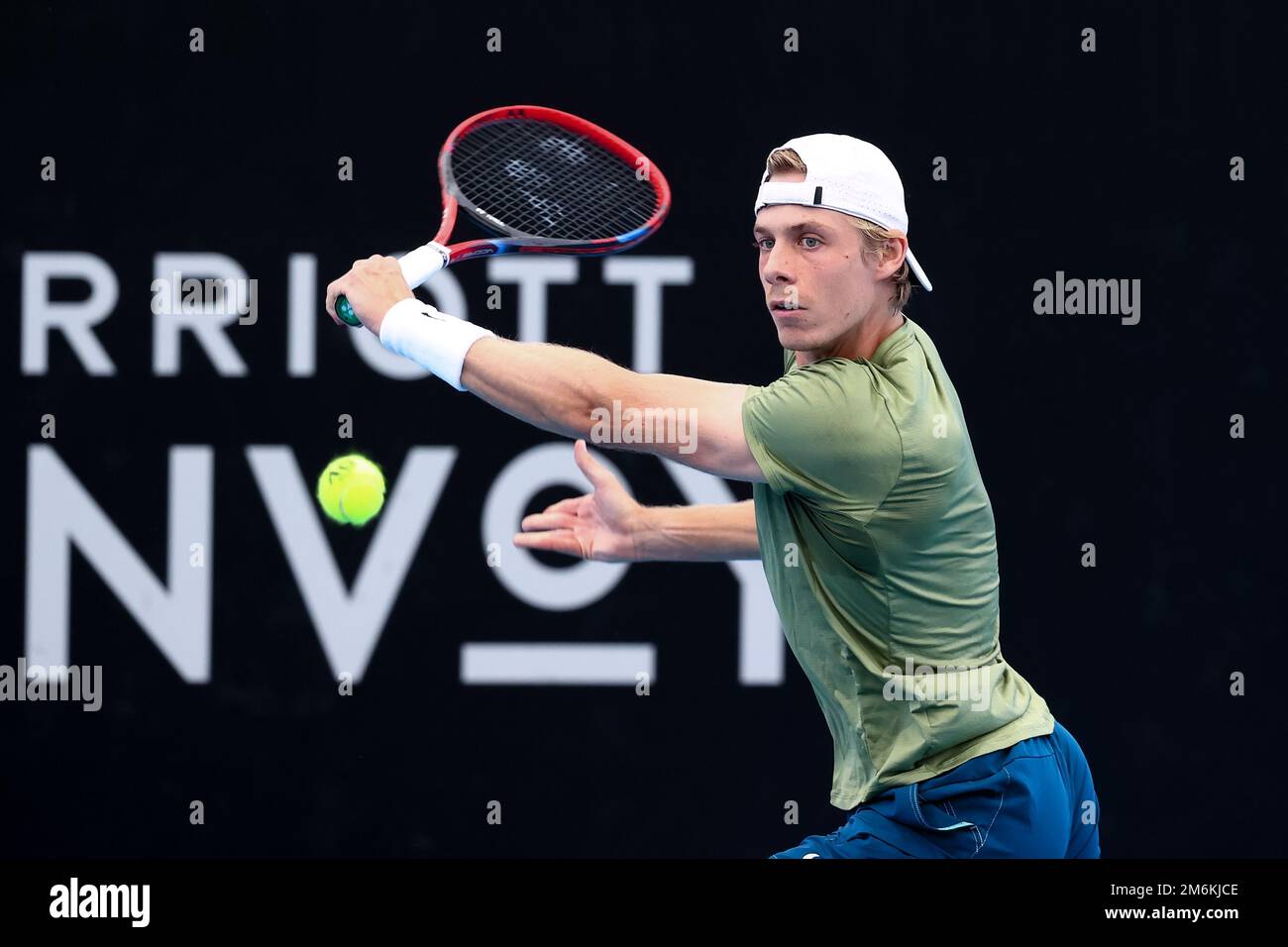 Adelaide, Australia, 5 January, 2023. Denis Shapovalov of Canada hits a ...