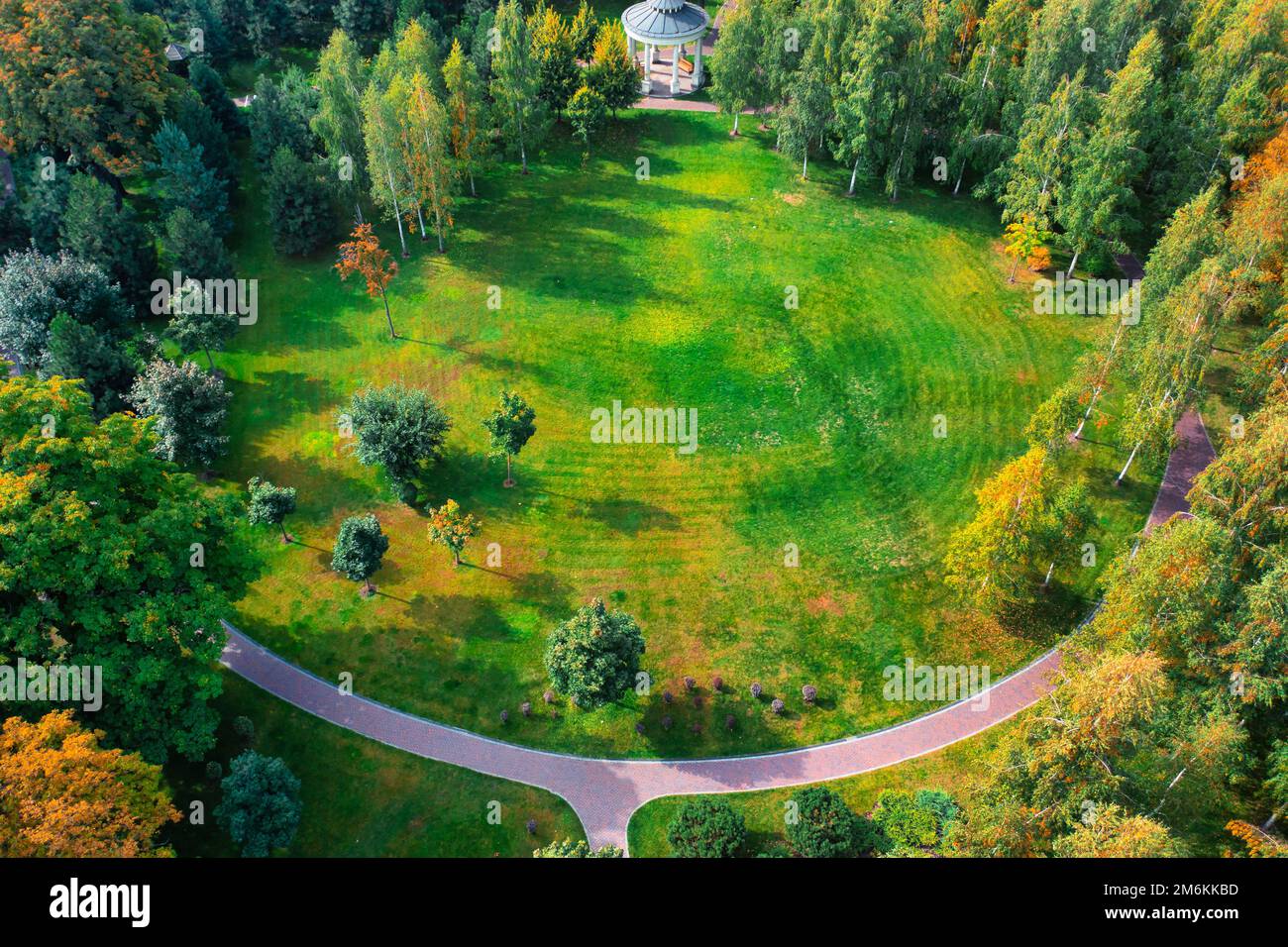 A beautiful autumn park with yellow and orange trees, wooden benches ...