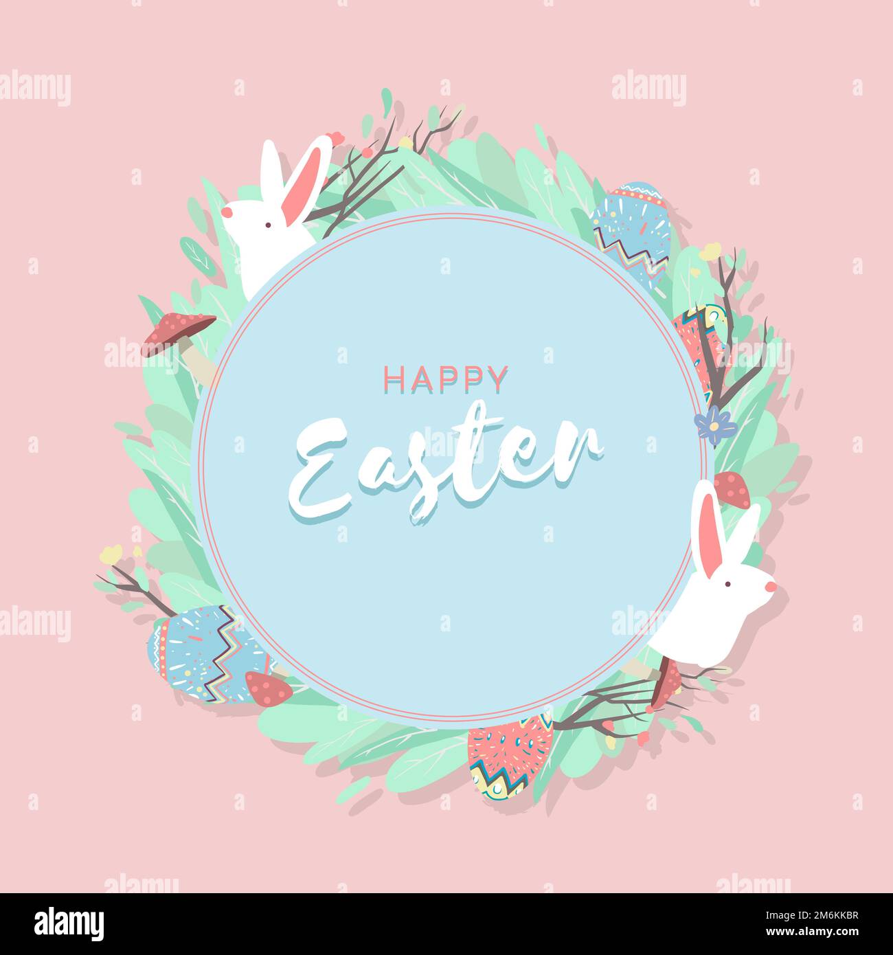 Easter eggs hunt festival round blue frame vector Stock Vector