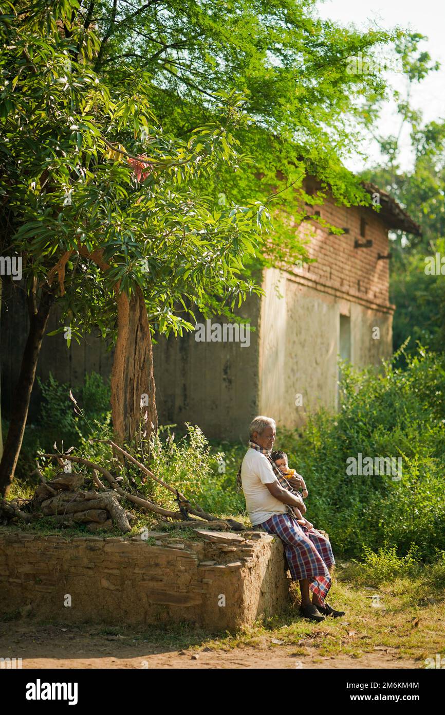 NOVEMBER 15 2022, KACHANDA, CHHATTISGARH, INDIA: Grandfather holding grandson in indian village and sitting under the tree in morning sunlight. Grandf Stock Photo