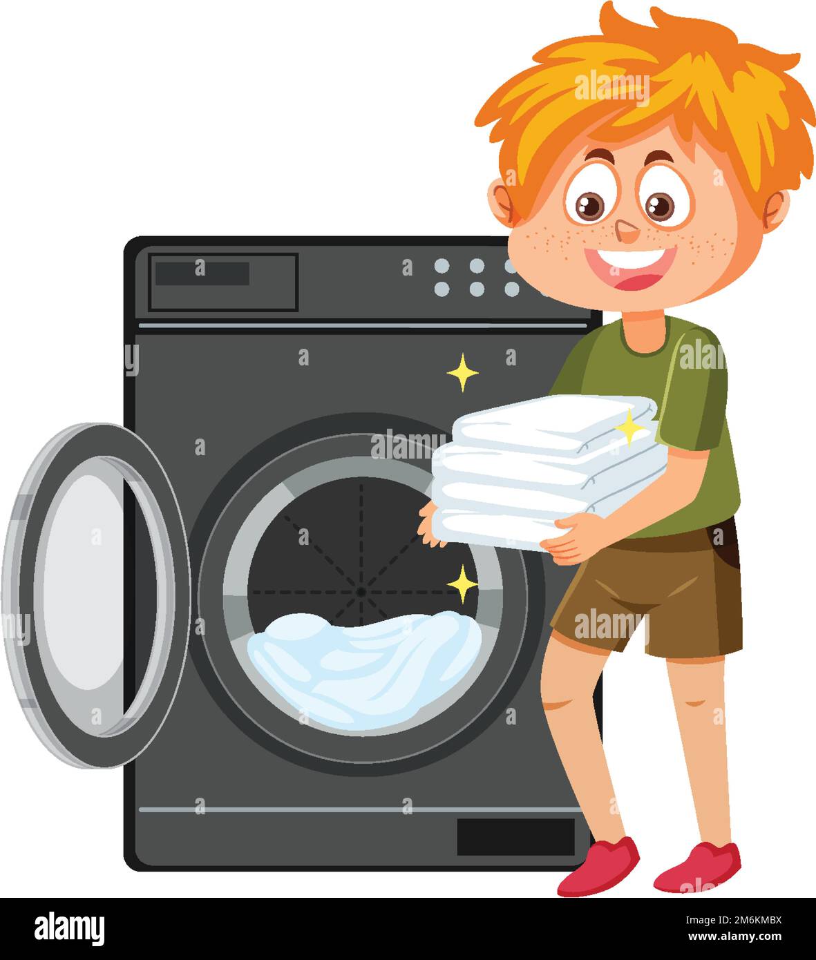 Cartoon boy doing laundry with washing machine illustration Stock