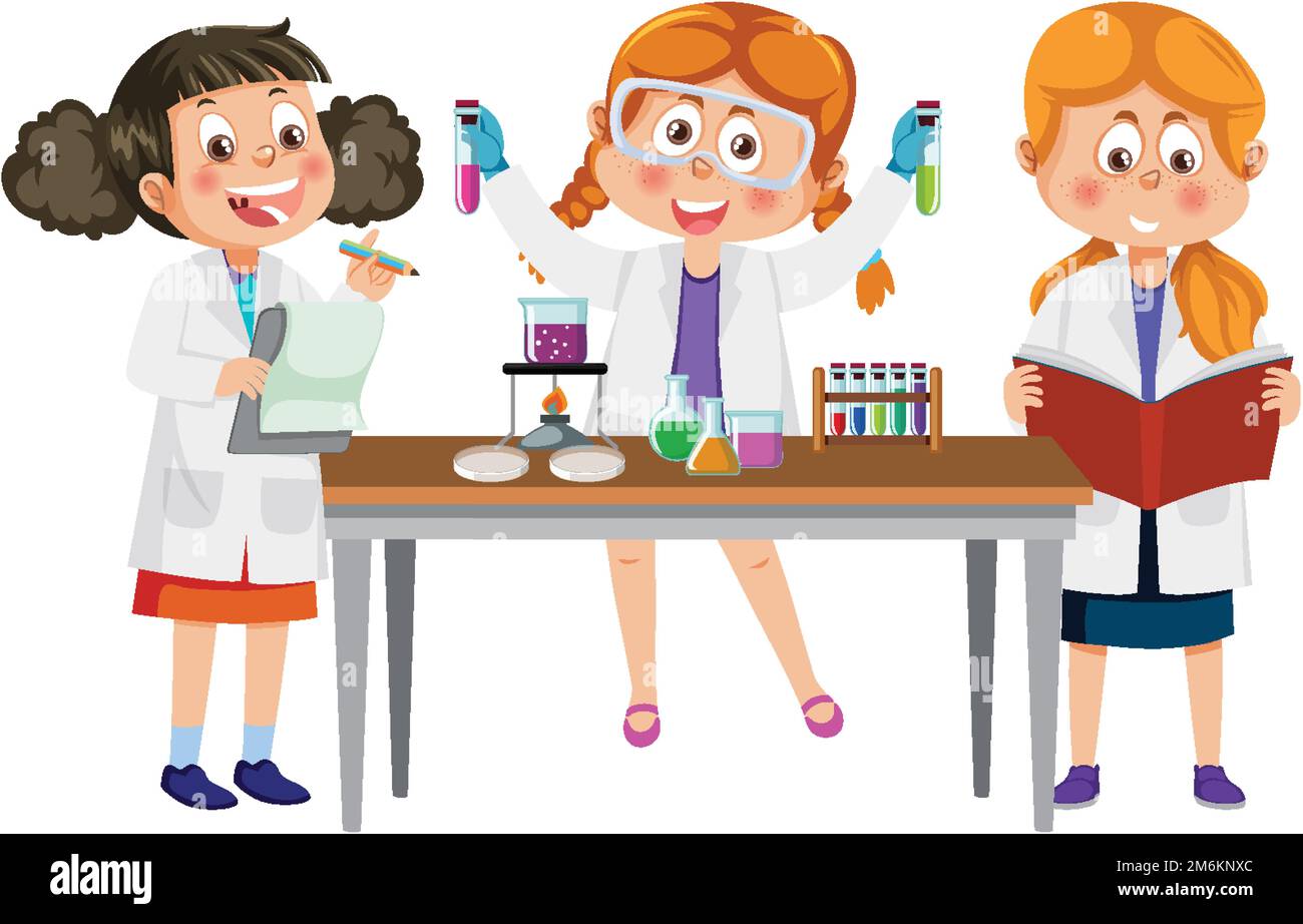 Three kids doing science experiment illustration Stock Vector
