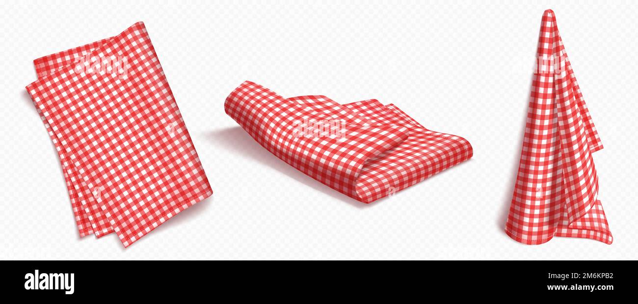 Set of red checkered towels folded, hanging and top view isolated on white background. Realistic vector illustration of napkin, cozy kitchen interior design element, home textile for domestic use Stock Vector