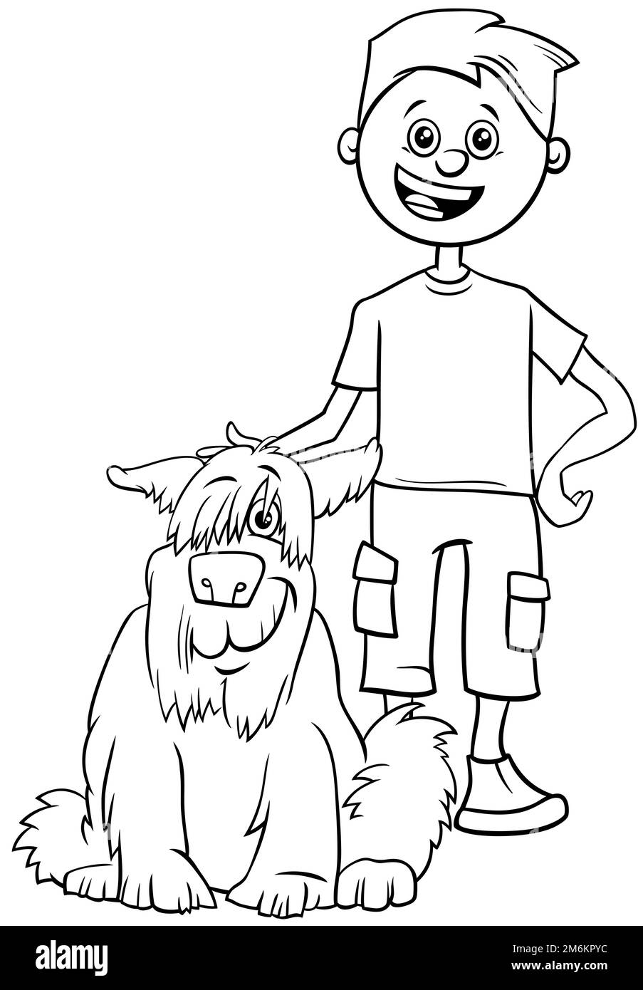 Black and white cartoon illustration of funny boy with his pet dog