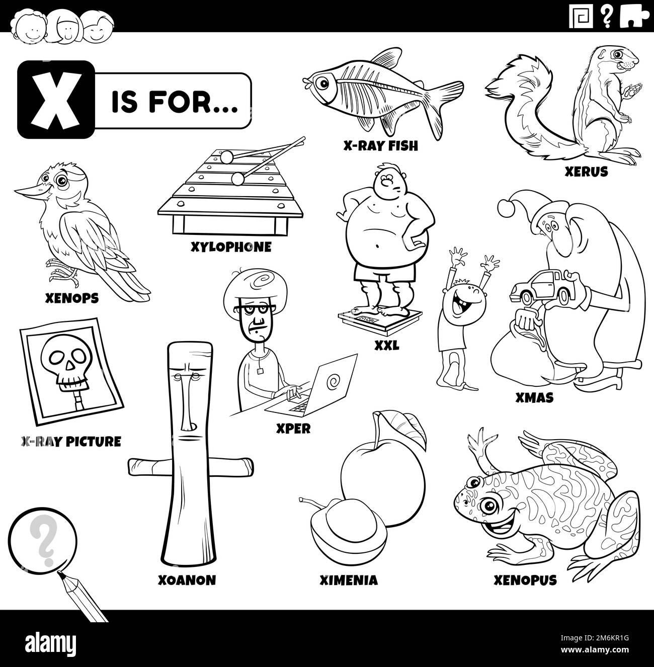 Letter x words educational cartoon set coloring page Stock Photo