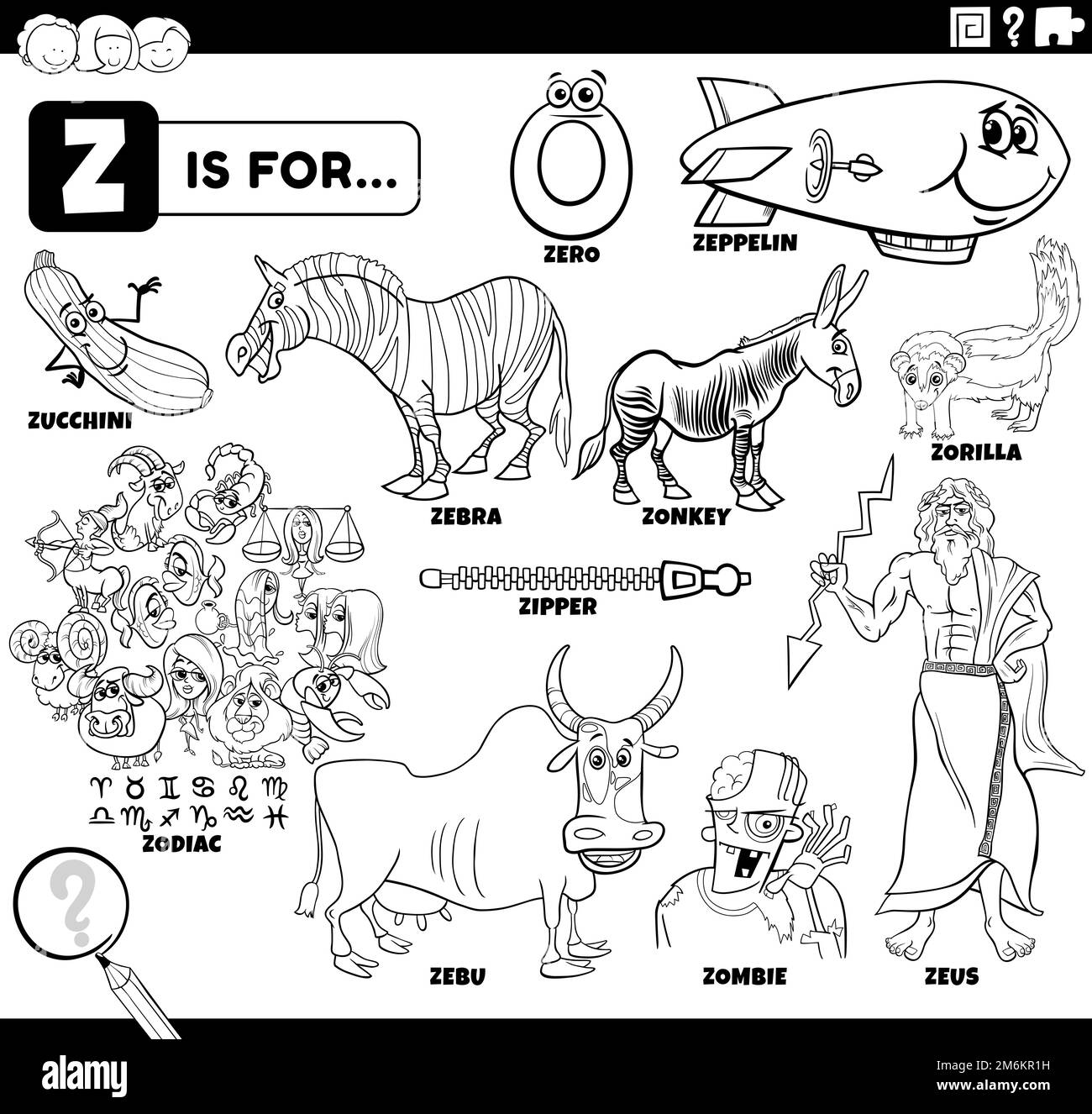 Letter z words educational cartoon set coloring page Stock Photo