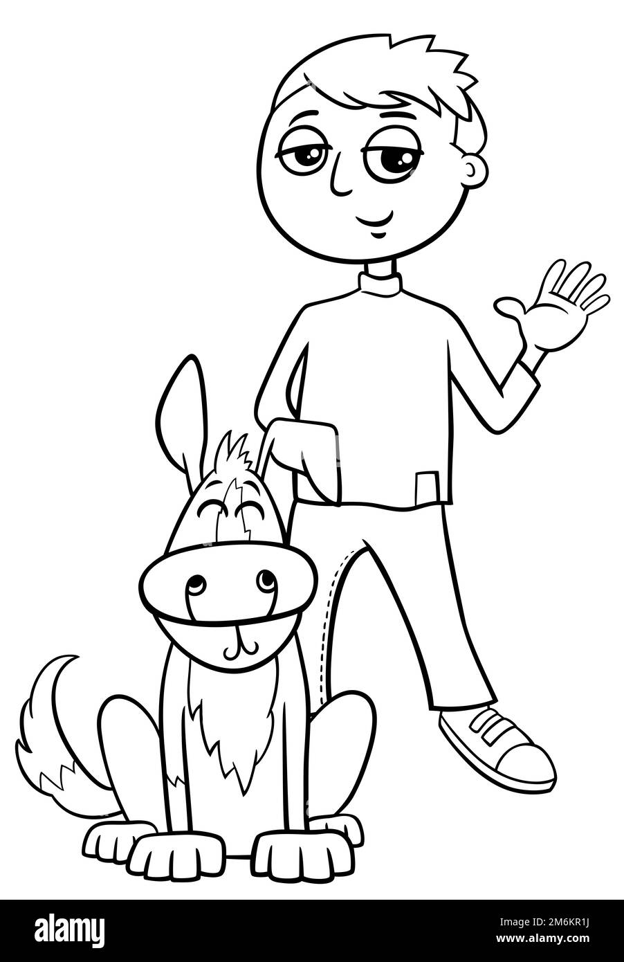 Cartoon teen boy character with dog coloring page Stock Photo