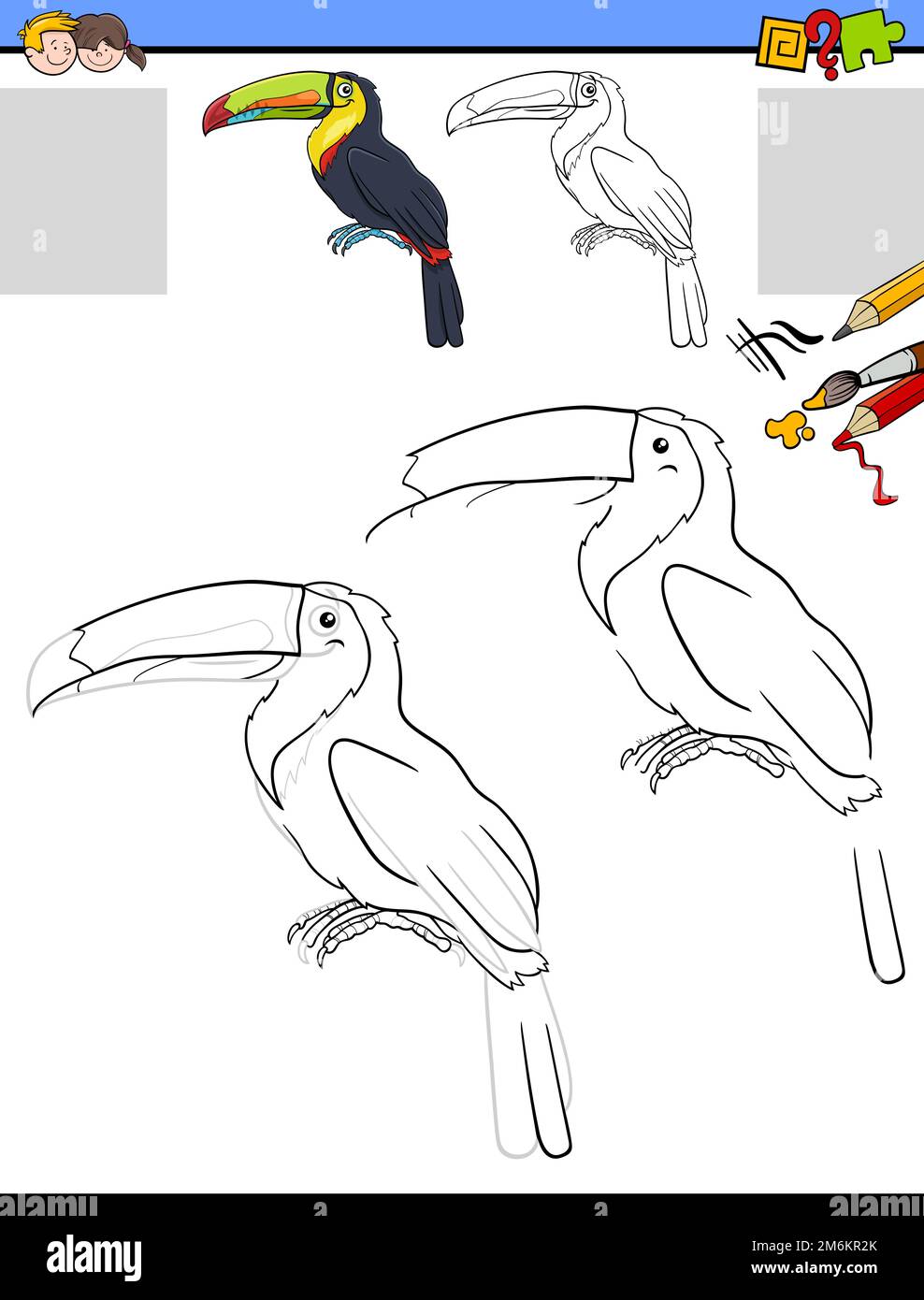 Drawing and coloring task with toucan bird animal character Stock Photo