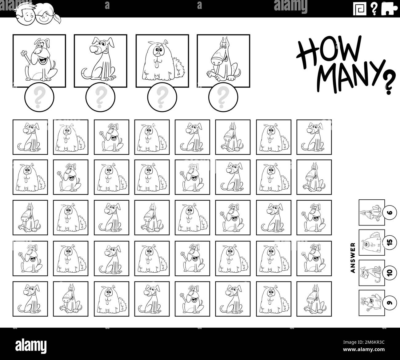 how-many-cartoon-dogs-counting-game-coloring-page-stock-photo-alamy