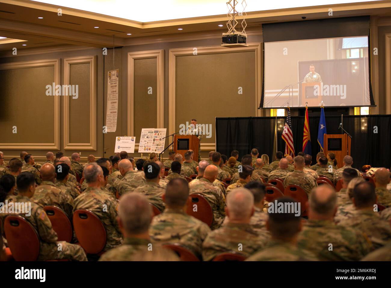 More than 700 civilians, Soldiers and Airment watch in attendence at the 2022 Arizona Department of Emergency and Military Affairs Professional Development conference April 30, 2022 at Casino Del Sol in Tucson, Ariz. The AZDEMA PD event is an annual event where state employees, Soldiers, and Airmen come to listen to speakers on a wide range of subjects to foster critical thought, learning, and inspiration. Stock Photo