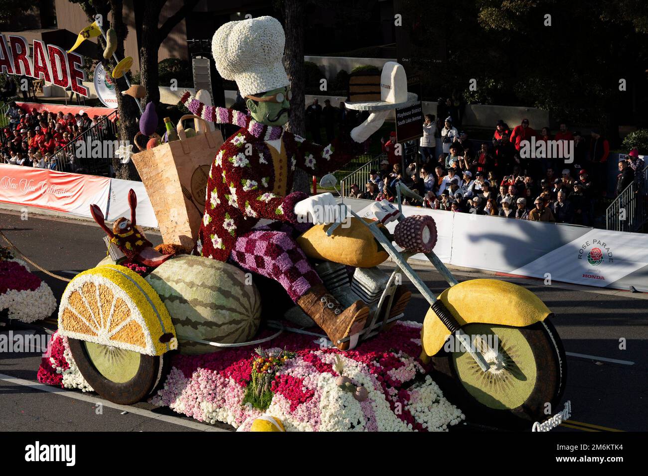 The Trader Joe's float moves down the street in the 134th annual Rose