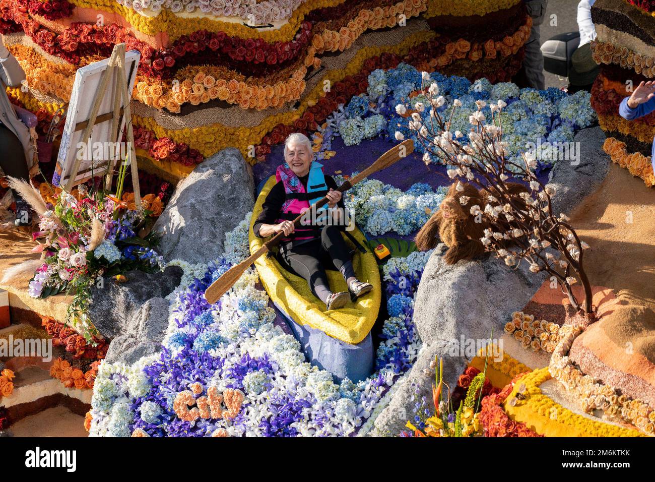 The City of Burbank "adventure awaits" float moves down the street in
