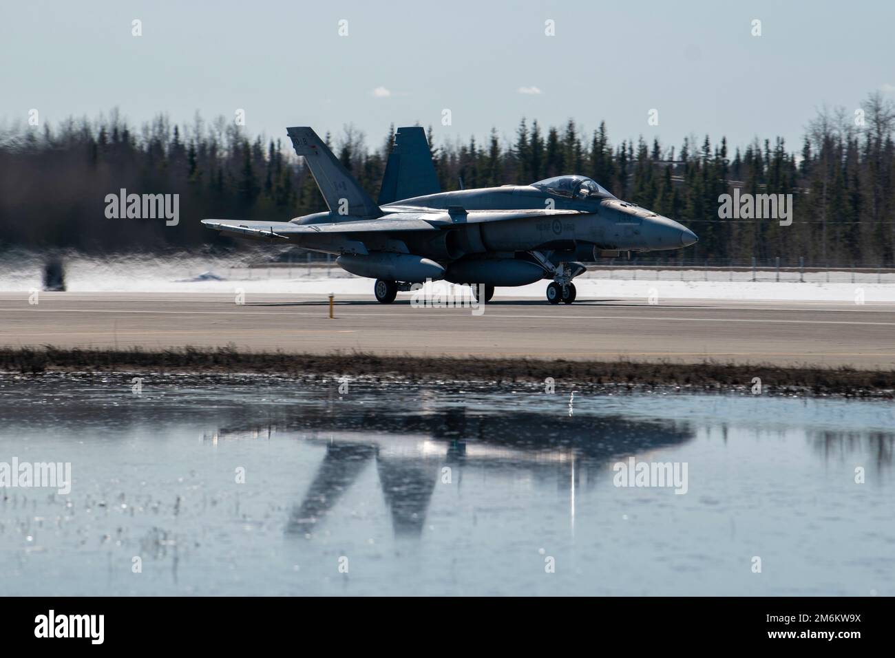 A CF-18 Hornet assigned to the 401 Tactical Fighter Squadron of the Royal Canadian Air Force takes off during exercise RED-FLAG-Alaska 22-1, at Eielson Air Force Base, Alaska, April 29, 2022. This exercise provides unique opportunities to integrate various forces into joint and multilateral training from simulated forward operating bases. Stock Photo