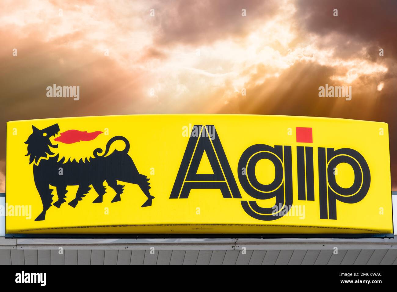 Advertising sign of the company AGIP on their gas station Stock Photo