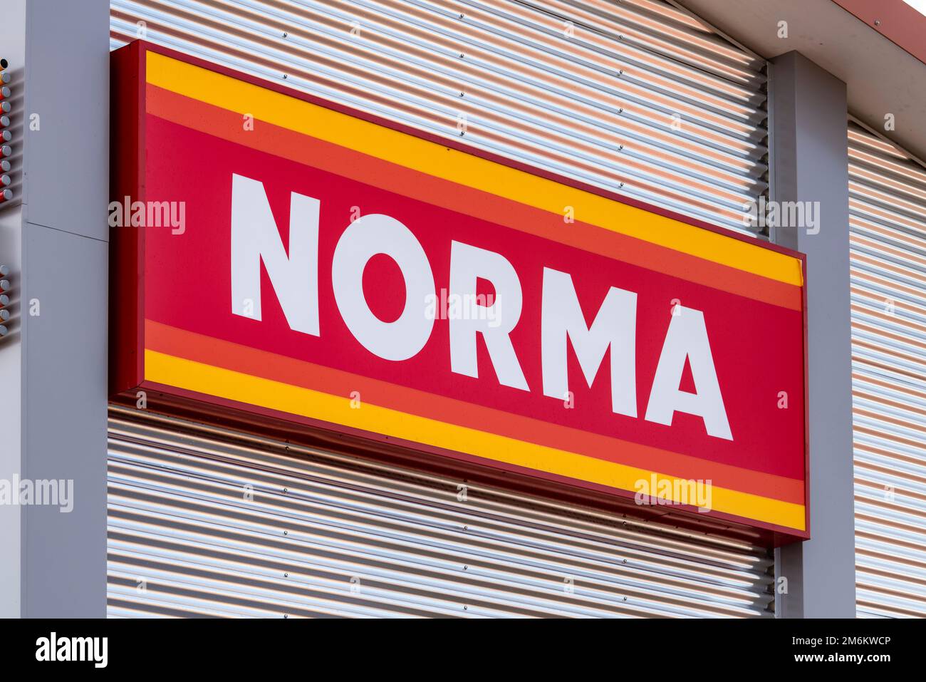 Advertising and company sign of the discounter NORMA Stock Photo