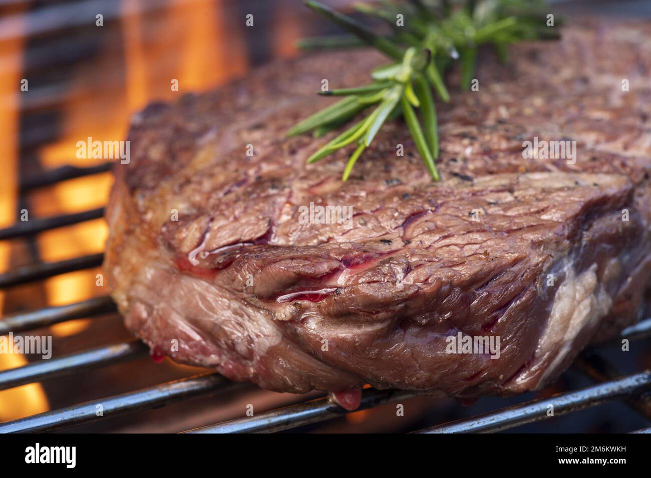 Raw steak with rosemary on the grill Stock Photo