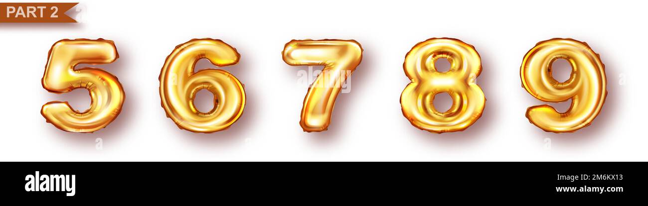 Balloon unique numbers from golden metal foil realistic vector illustration. Gold inflatable symbols or signs for celebrating children birthday or home holiday decor, part 1, isolated on white Stock Vector