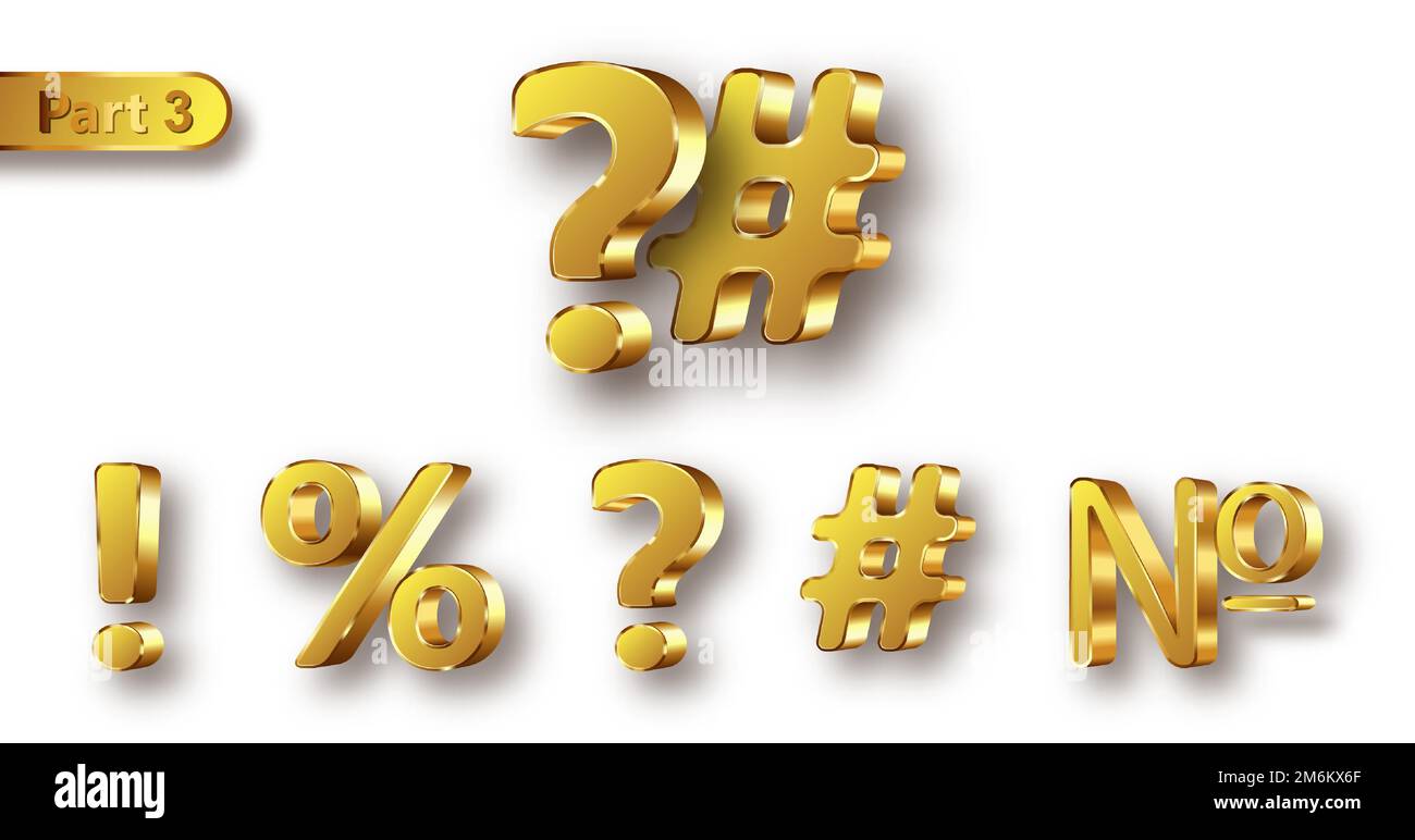 Golden metal unique symbols set, realistic vector illustration. Matte with glossy frame gold metallic characters, exclamation point, question mark, percent and number sign isolated on white background Stock Vector