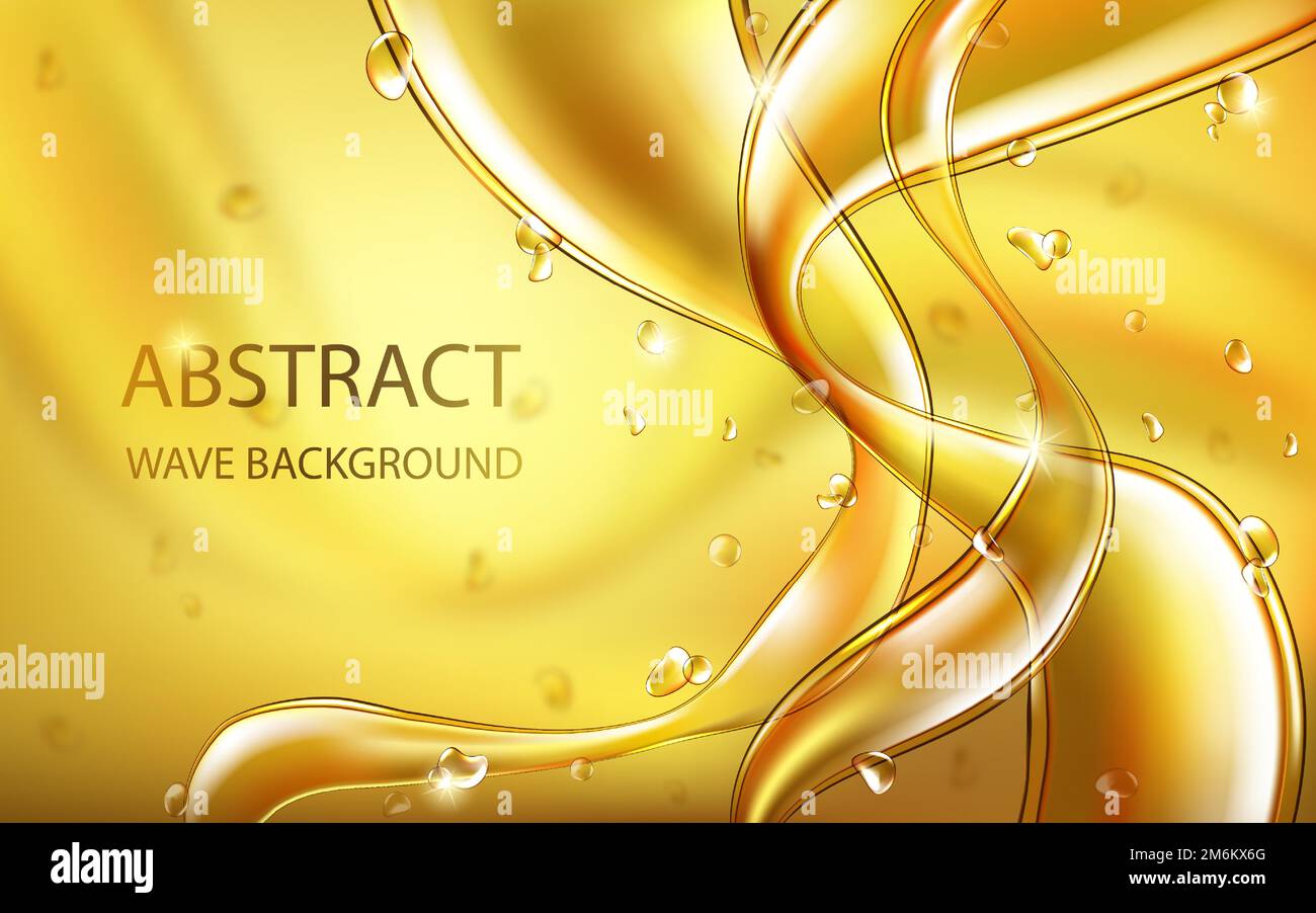 Yellow golden flowing liquid vector abstract wavy background, oil texture with flying drops. Streams of oil, honey or fluid with light element. Template for cosmetic, sale banner or flyer. Stock Vector