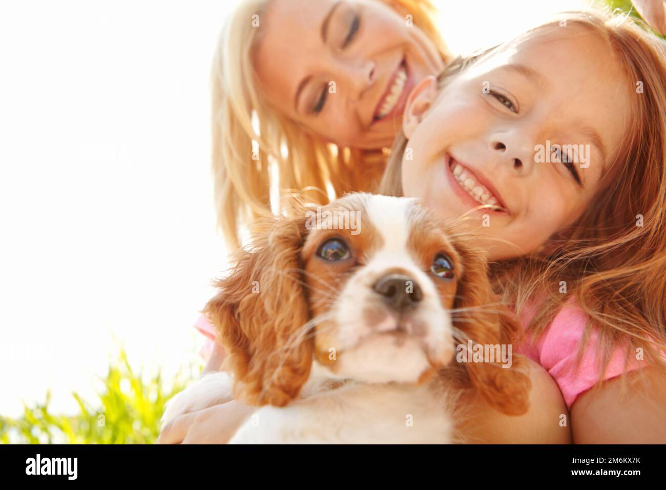 New addition to the family. Portrait of a mother, daughter and puppy enjoying a sunny day together. Stock Photo