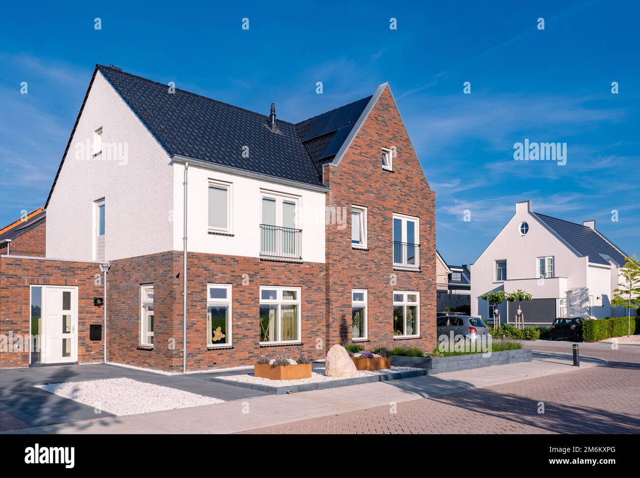 Dutch Suburban area with modern family houses, newly build modern