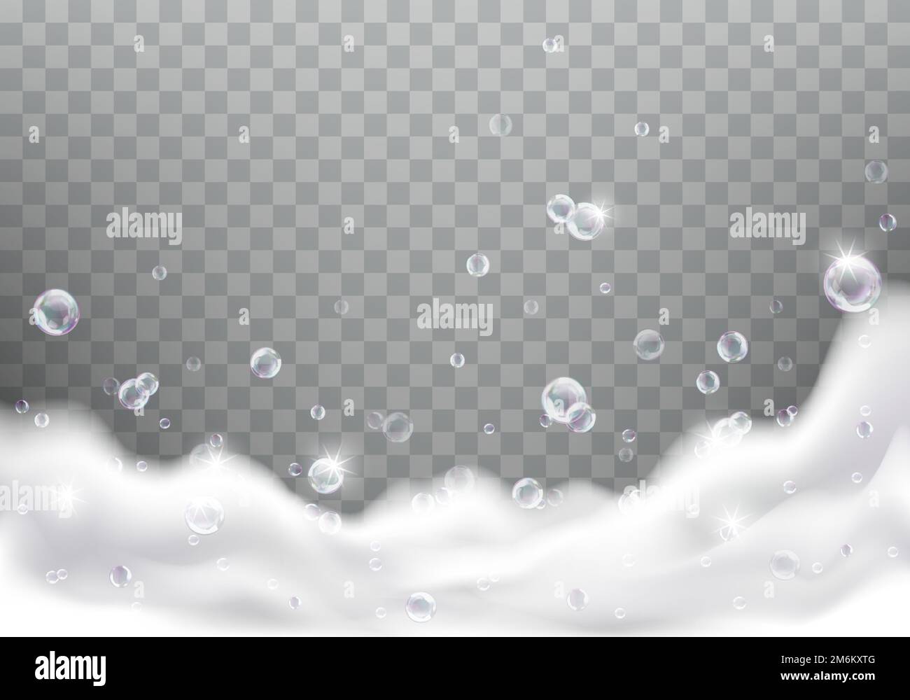 Bath foam realistic vector illustration on transparent background. White soap suds with rainbow air bubbles, shampoo bubbles or foaming detergent texture, frame or border for design Stock Vector