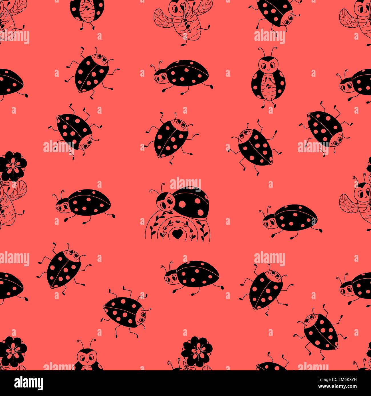 Seamless pattern with cute ladybugs on light red background. Vector ...