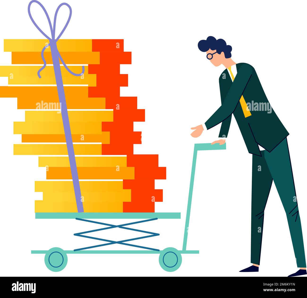 Male character pushes cargo trolley cartoon vector. Company worker, man in formal suit carrying