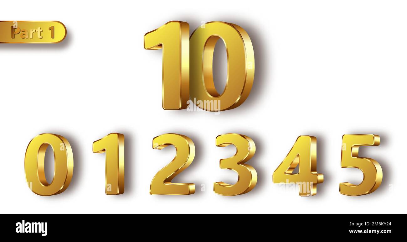 Golden metal unique numbers set of realistic vector illustration. Matte with glossy frame gold metal symbols or signs from 0 to 5, part 1, isolated on white background Stock Vector