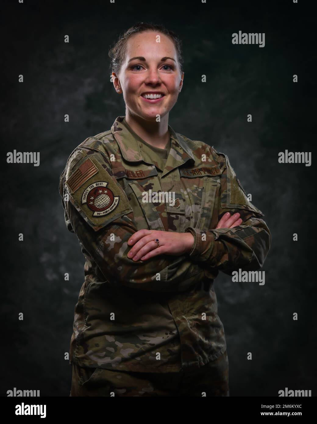 SCHRIEVER SPACE FORCE BASE, Colo. -- U.S. Air Force Reserves TSgt, Brittani Meiler, 310th Force Support Squadron, Food Service Technician, poses for a studio photo at Schriever Space Force Base, Colorado, during a monthly Unit Training Assembly (UTA) 30 April 2022 Stock Photo